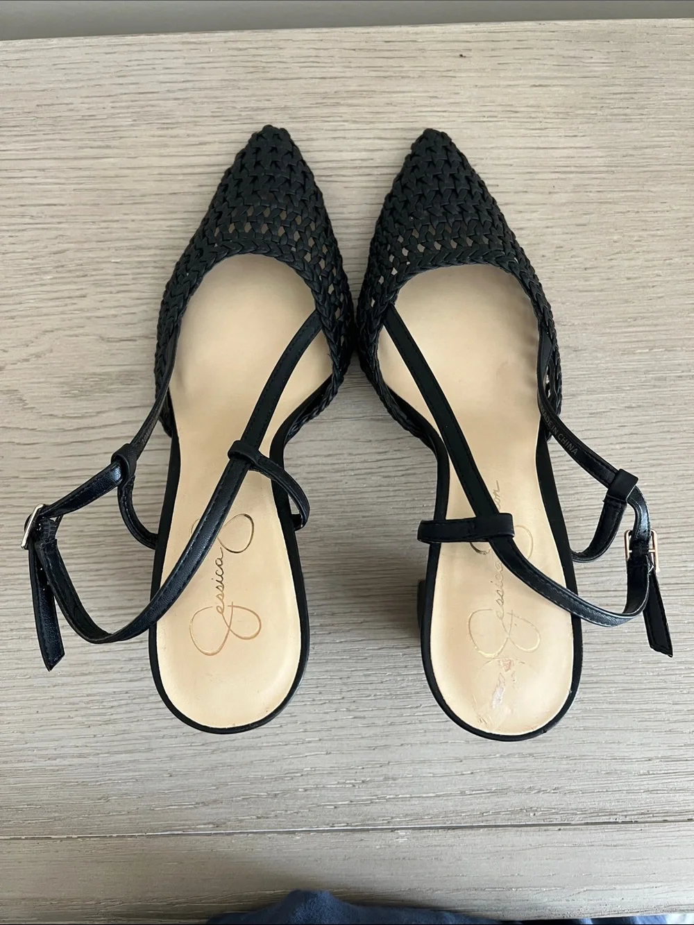 Women’s Jessica Simpson Nyara Black Woven Pointed Slingback Heels size 10